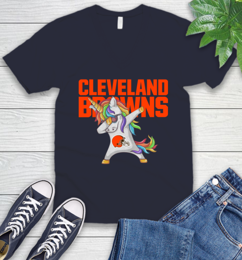 Cleveland Browns NFL Football Funny Unicorn Dabbing Sports V-Neck T-Shirt 3