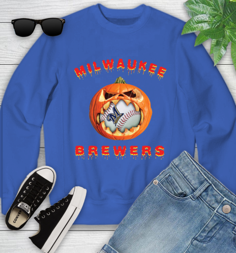 MLB Milwaukee Brewers Halloween Pumpkin Baseball Sports Youth Sweatshirt 8