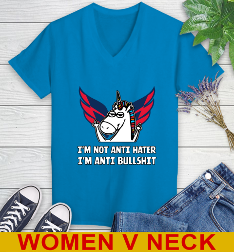 Washington Capitals NHL Hockey Unicorn I'm Not Anti Hater I'm Anti Bullshit Women's V-Neck T-Shirt 8