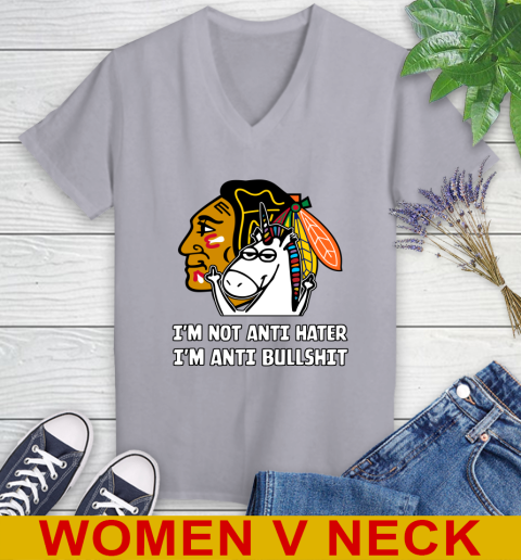 Chicago Blackhawks NHL Hockey Unicorn I'm Not Anti Hater I'm Anti Bullshit Women's V-Neck T-Shirt 5