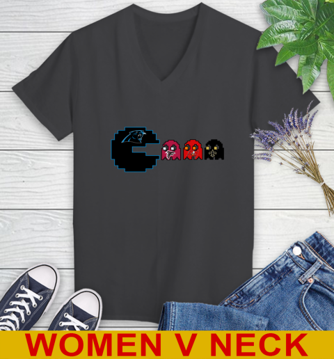 Carolina Panthers NFL Football Pac Man Champion Women's V-Neck T-Shirt 9