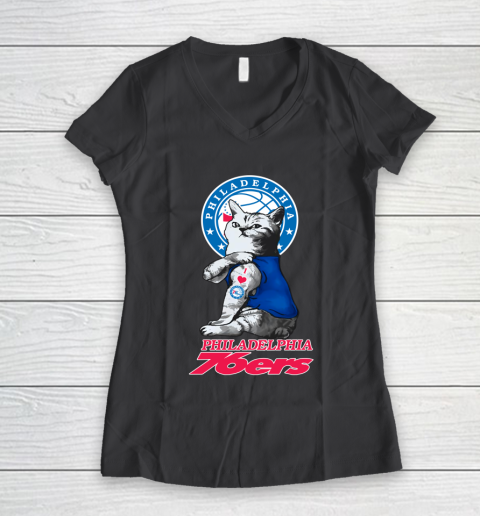 NBA Basketball My Cat Loves Philadelphia 76ers Women's V-Neck T-Shirt 6