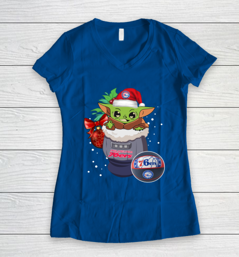 Philadelphia 76ers Christmas Baby Yoda Star Wars Funny Happy NBA Women's V-Neck T-Shirt 9