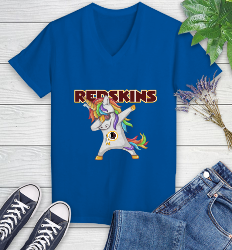 Washington Redskins NFL Football Funny Unicorn Dabbing Sports Women's V-Neck T-Shirt 10