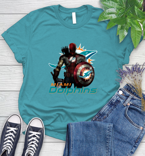 NFL Captain America Thor Spider Man Hawkeye Avengers Endgame Football Miami Dolphins Women's T-Shirt 12