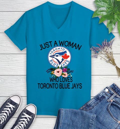 MLB Just A Woman Who Loves Toronto Blue Jays Baseball Sports Women's V-Neck T-Shirt 4