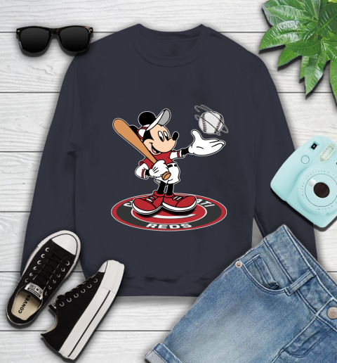 MLB Baseball Cincinnati Reds Cheerful Mickey Disney Shirt Youth Sweatshirt 3