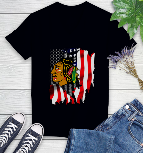 Chicago Blackhawks NHL Hockey American Flag Women's V-Neck T-Shirt