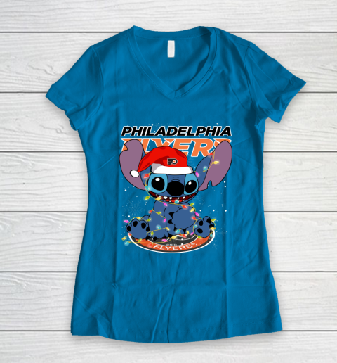 Philadelphia Flyers NHL Hockey noel stitch Christmas Women's V-Neck T-Shirt 4
