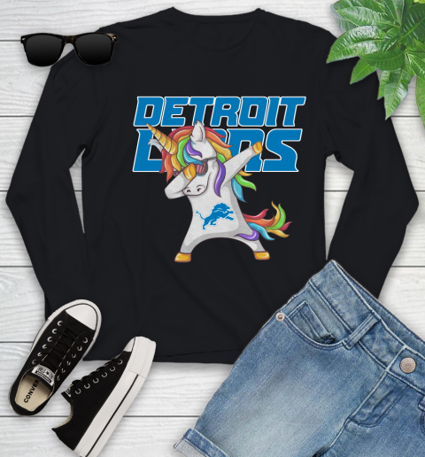 Detroit Lions NFL Football Funny Unicorn Dabbing Sports Youth Long Sleeve 2