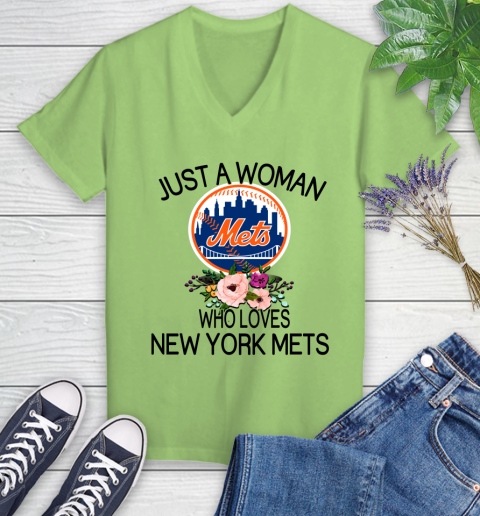 MLB Just A Woman Who Loves New York Mets Baseball Sports Women's V-Neck T-Shirt 6