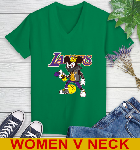 Los Angeles Lakers NBA Basketball Mickey Peace Sign Sports Women's V-Neck T-Shirt 6