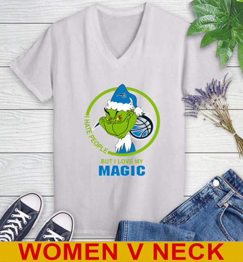Orlando Magic NBA Christmas Grinch I Hate People But I Love My Favorite Basketball Team Women's V-Neck T-Shirt