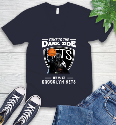 NBA Come To The Dark Side We Have Brooklyn Nets Star Wars Darth Vader Basketball V-Neck T-Shirt 2