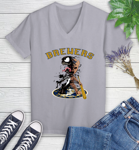 MLB Milwaukee Brewers Baseball Venom Groot Guardians Of The Galaxy Women's V-Neck T-Shirt 4