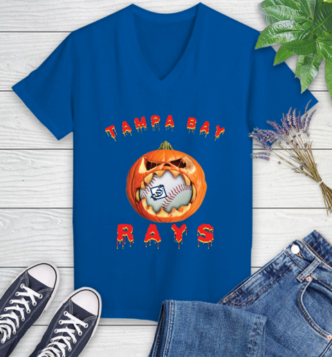 MLB Tampa Bay Rays Halloween Pumpkin Baseball Sports Women's V-Neck T-Shirt 10