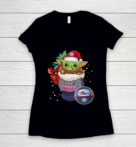 Philadelphia 76ers Christmas Baby Yoda Star Wars Funny Happy NBA Women's V-Neck T-Shirt
