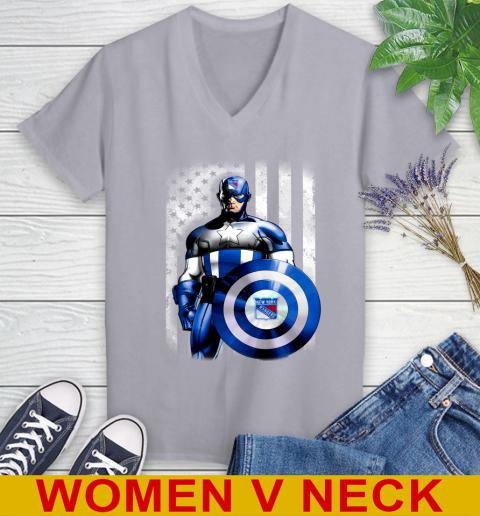 New York Rangers NHL Hockey Captain America Marvel Avengers American Flag Shirt Women's V-Neck T-Shirt 4