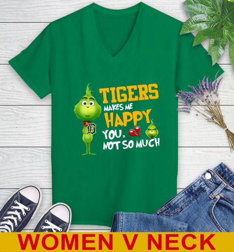 MLB Detroit Tigers Makes Me Happy You Not So Much Grinch Baseball Sports Women's V-Neck T-Shirt 5