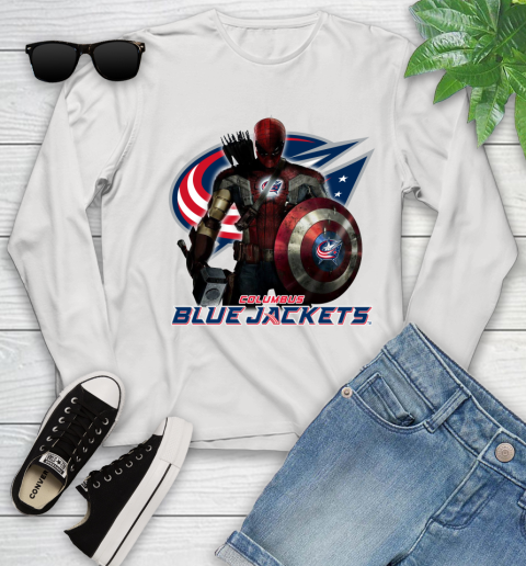 NHL Captain America Thor Spider Man Hawkeye Avengers Endgame Hockey Columbus Blue Jackets Youth Long Sleeve