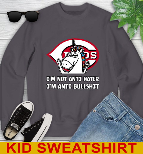 Cincinnati Reds MLB Baseball Unicorn I'm Not Anti Hater I'm Anti Bullshit Youth Sweatshirt 6