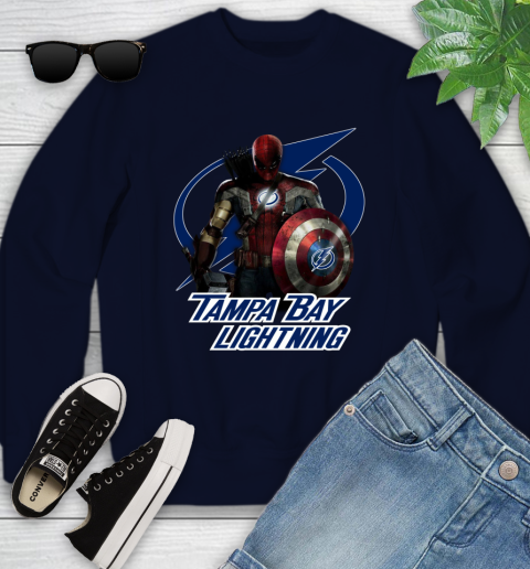 NHL Captain America Thor Spider Man Hawkeye Avengers Endgame Hockey Tampa Bay Lightning Youth Sweatshirt 3