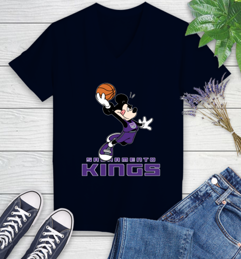 NBA Basketball Sacramento Kings Cheerful Mickey Mouse Shirt Women's V-Neck T-Shirt 3