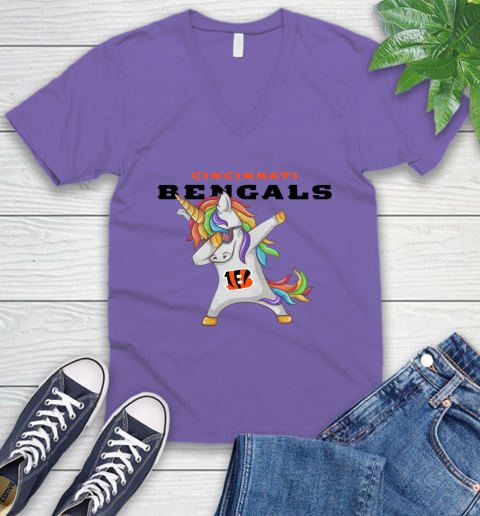 Cincinnati Bengals NFL Football Funny Unicorn Dabbing Sports V-Neck T-Shirt - Image 11