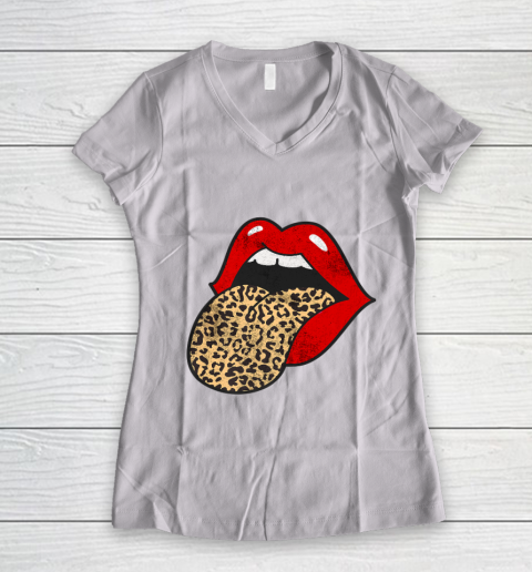 Red Lips Leopard Tongue Trendy Animal Print Women's V-Neck T-Shirt