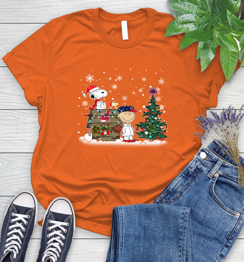 MLB Cleveland Indians Snoopy Charlie Brown Christmas Baseball Commissioner's Trophy Women's T-Shirt 3