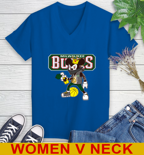 Milwaukee Bucks NBA Basketball Mickey Peace Sign Sports Women's V-Neck T-Shirt 11
