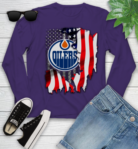 Edmonton Oilers NHL Hockey American Flag Youth Long Sleeve 4