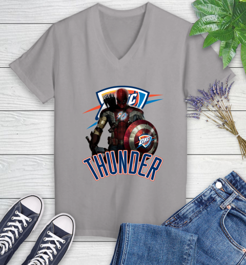 Oklahoma City Thunder NBA Basketball Captain America Thor Spider Man Hawkeye Avengers Women's V-Neck T-Shirt 4
