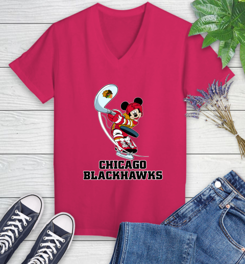 NHL Hockey Chicago Blackhawks Cheerful Mickey Mouse Shirt Women's V-Neck T-Shirt 8