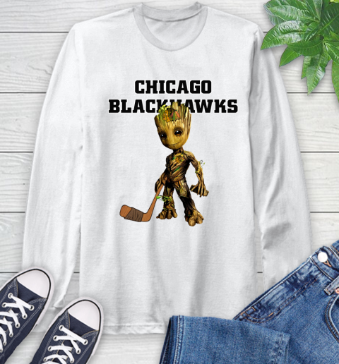 Chicago Blackhawks NHL Hockey Groot Marvel Guardians Of The Galaxy Long Sleeve T-Shirt
