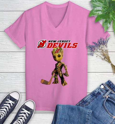 New Jersey Devils NHL Hockey Groot Marvel Guardians Of The Galaxy Women's V-Neck T-Shirt 14