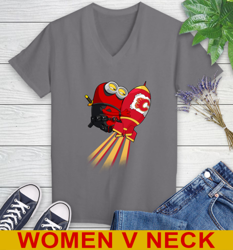 NHL Hockey Calgary Flames Deadpool Minion Marvel Shirt Women's V-Neck T-Shirt 11