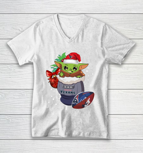 Houston Texans Christmas Baby Yoda Star Wars Funny Happy NFL V-Neck T-Shirt 2