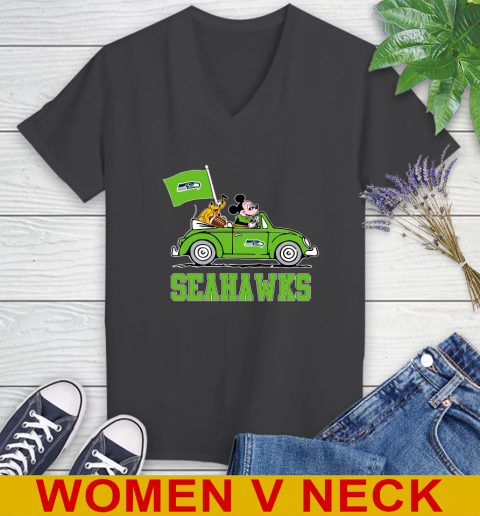 NFL Football Seattle Seahawks Pluto Mickey Driving Disney Shirt Women's V-Neck T-Shirt 9