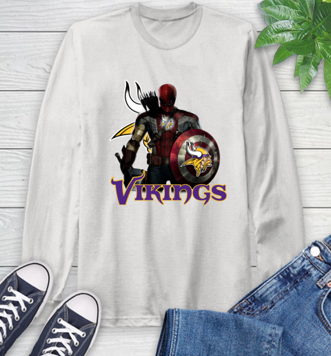NFL Captain America Thor Spider Man Hawkeye Avengers Endgame Football Minnesota Vikings Long Sleeve T-Shirt