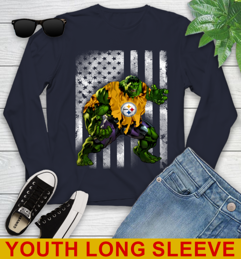 Pittsburgh Steelers Hulk Marvel Avengers NFL Football American Flag Youth Long Sleeve 2