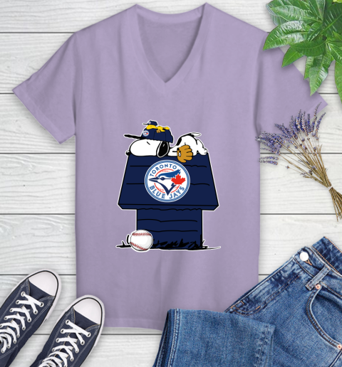 MLB Toronto Blue Jays Snoopy Woodstock The Peanuts Movie Baseball T Shirt Women's V-Neck T-Shirt 14