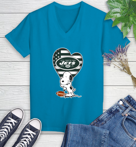 New York Jets NFL Football The Peanuts Movie Adorable Snoopy Women's V-Neck T-Shirt 7