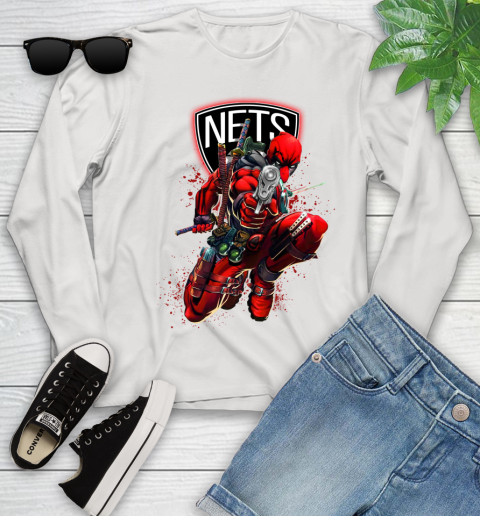 NBA Deadpool Marvel Comics Sports Basketball Brooklyn Nets Youth Long Sleeve