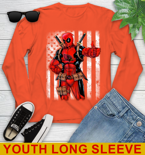 NFL Football Arizona Cardinals Deadpool American Flag Shirt Youth Long Sleeve 3