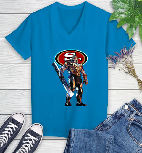 NFL Thanos Gauntlet Avengers Endgame Football San Francisco 49ers Women's V-Neck T-Shirt 7
