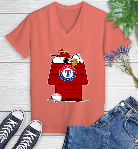MLB Texas Rangers Snoopy Woodstock The Peanuts Movie Baseball T Shirt Women's V-Neck T-Shirt 6