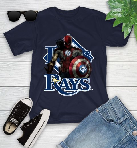 MLB Captain America Thor Spider Man Hawkeye Avengers Endgame Baseball Tampa Bay Rays Youth T-Shirt 3