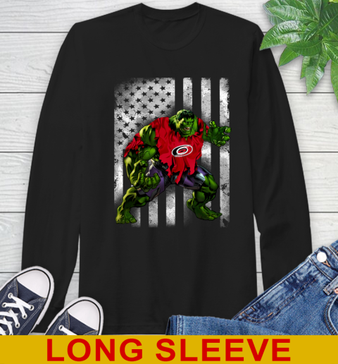 Carolina Hurricanes Hulk Marvel Avengers NHL Hockey American Flag Long Sleeve T-Shirt