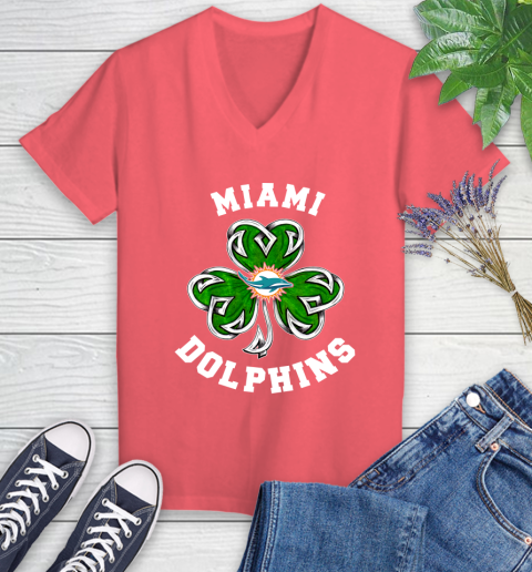 NFL Miami Dolphins Three Leaf Clover St Patrick's Day Football Sports Women's V-Neck T-Shirt 6